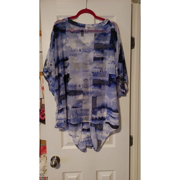 Alfani Woman 3X Blue & White Abstract Print Sheer Blouse Top - Picture 3 of 3